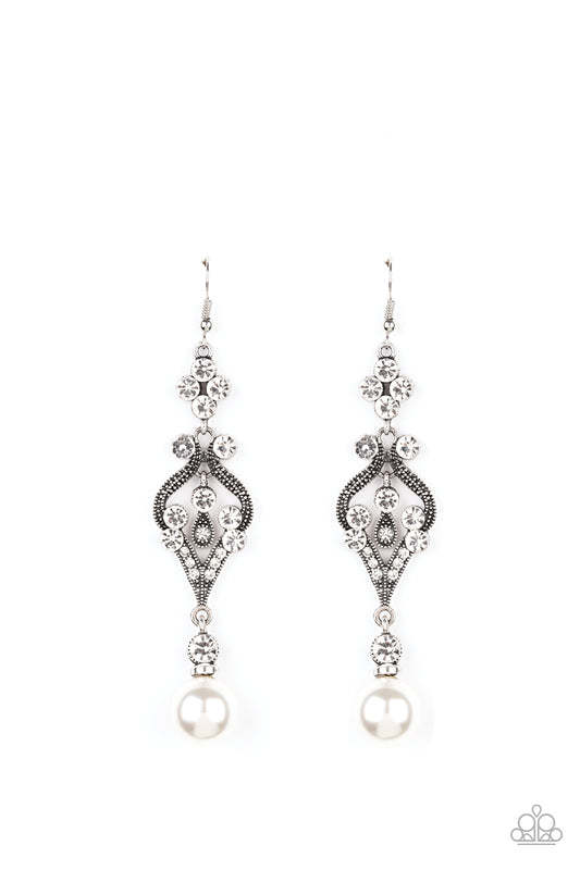 Elegantly Extravagant White Rhinestone and White Pearl Earring Paparazzi Accessories
