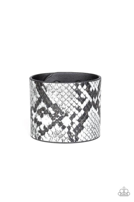 Paparazzi Whats HISS Is Mine - Silver Python Print - Thick Black Leather Band - Snap Bracelet