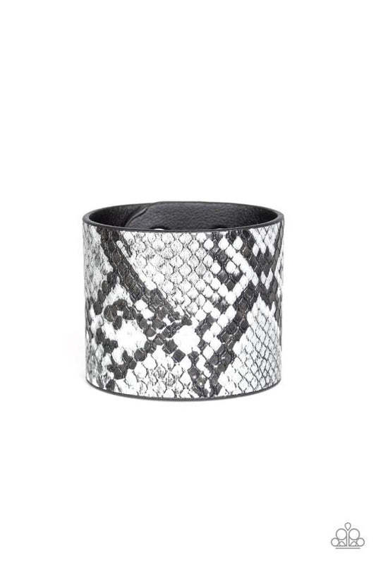 Paparazzi Whats HISS Is Mine - Silver Python Print - Thick Black Leather Band - Snap Bracelet