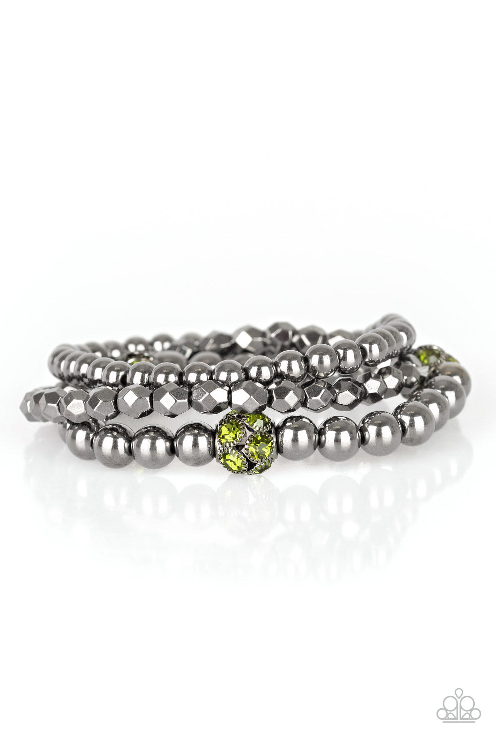 Noticeably Noir Green Bracelets with gunmetal beads. stacked bracelet. #P9RE-GRXX-060XX. Ships Free