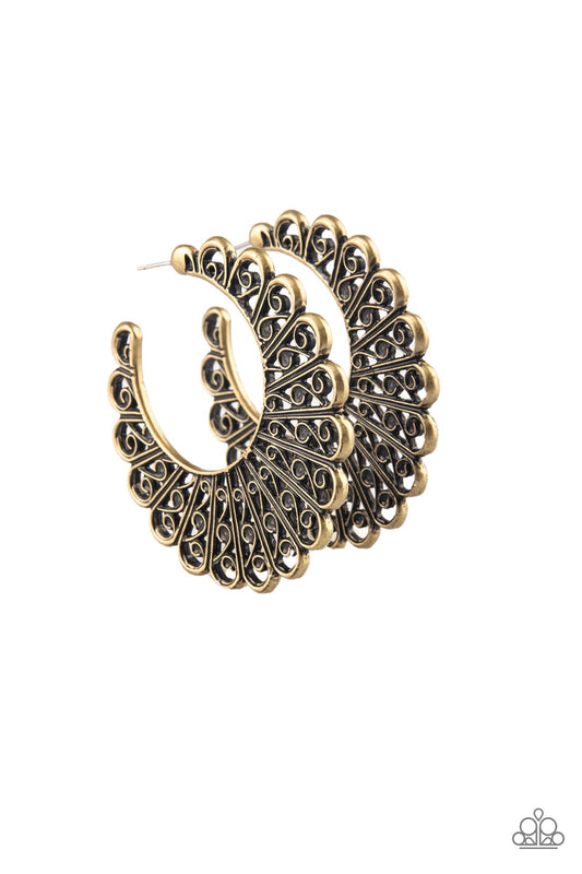 Funky Flirt - Brass Hoop Earrings Paparazzi Accessories $5 Jewelry. Get Free Shipping!