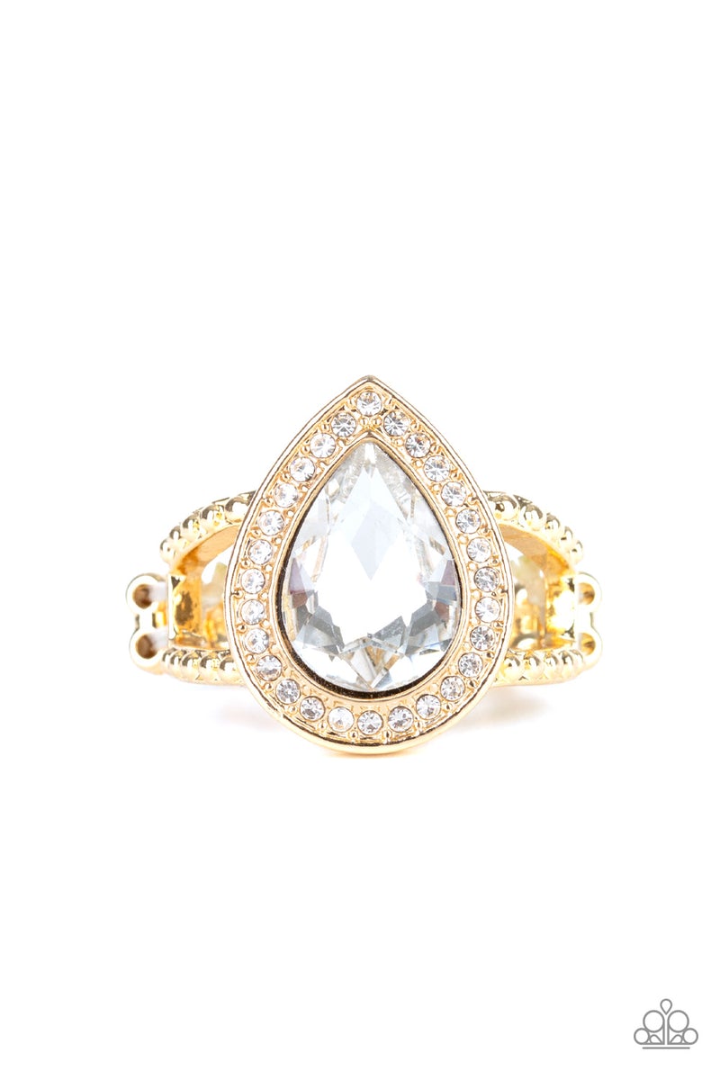 Paparazzi Hollywood Heirloom - Gold Ring with white gem.