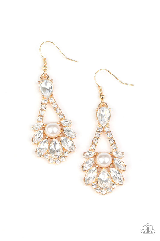 Prismatic Presence Gold Earrings Paparazzi Accessories white rhinestone, white pearls in gold frame