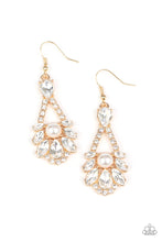 Load image into Gallery viewer, Prismatic Presence Gold Earrings Paparazzi Accessories white rhinestone, white pearls in gold frame
