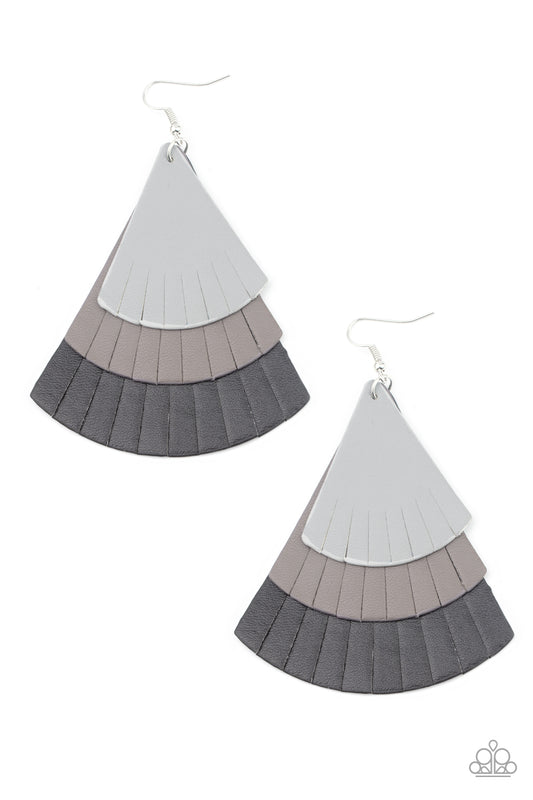 Paparazzi Earring ~ Huge Fanatic - Black and Gray Leather Earring