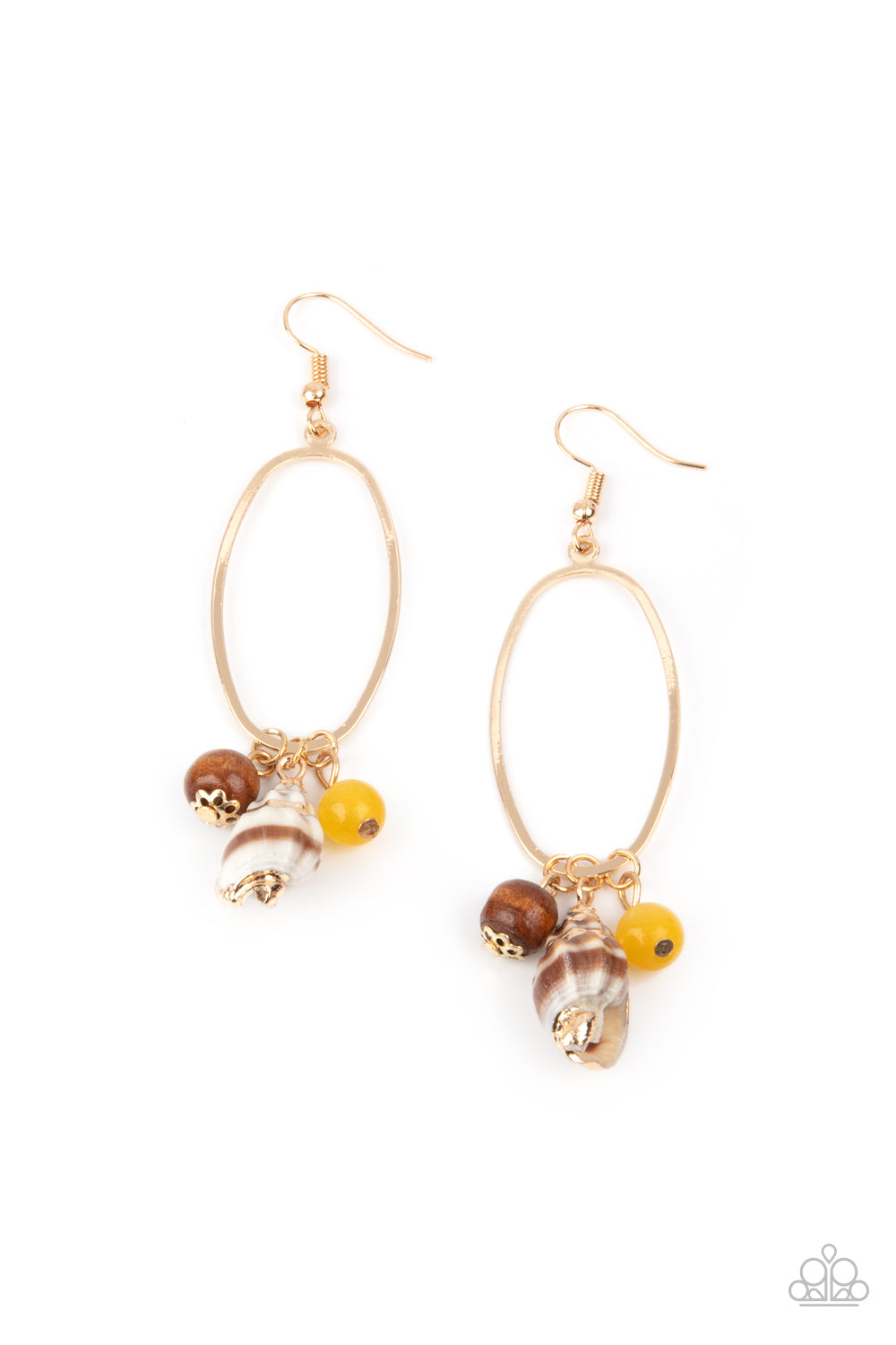 Paparazzi Earring ~ Golden Grotto - Yellow SeaShell Earthy Wooden Bead Earring