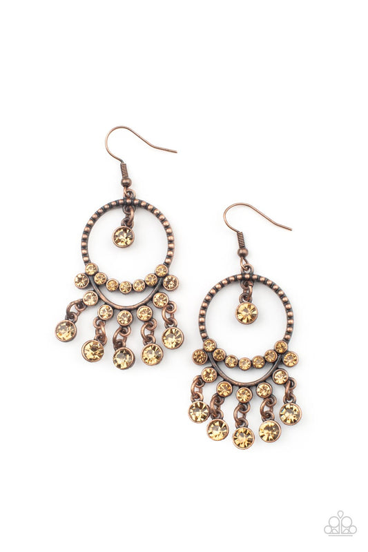Paparazzi Cosmic Chandeliers Copper Earrings. #P5RE-CPXX-106XX. Subscribe & Save. Topaz rhinestone