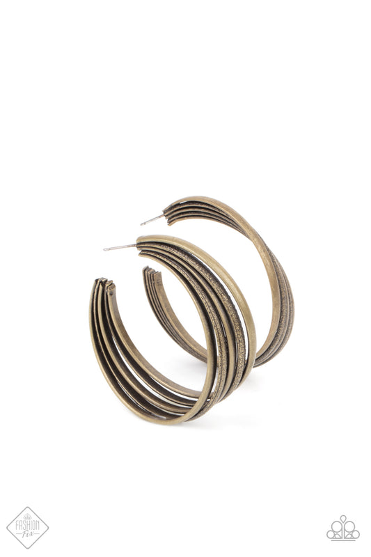 In Sync - Brass Hoop Earrings Paparazzi Accessories. Get Free Shipping. #P5IN-BRXX-039DH