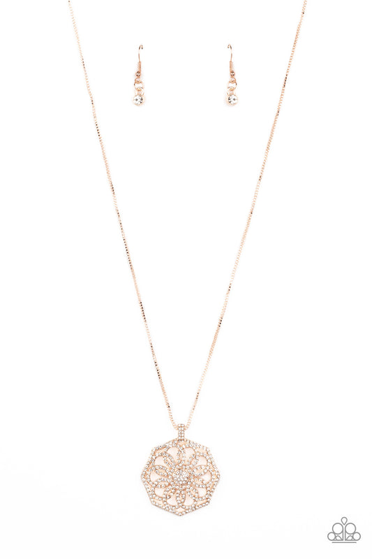 Botanical Bling Rose Gold Floral Pendant Long Necklace Paparazzi Accessories. Free Shipping.