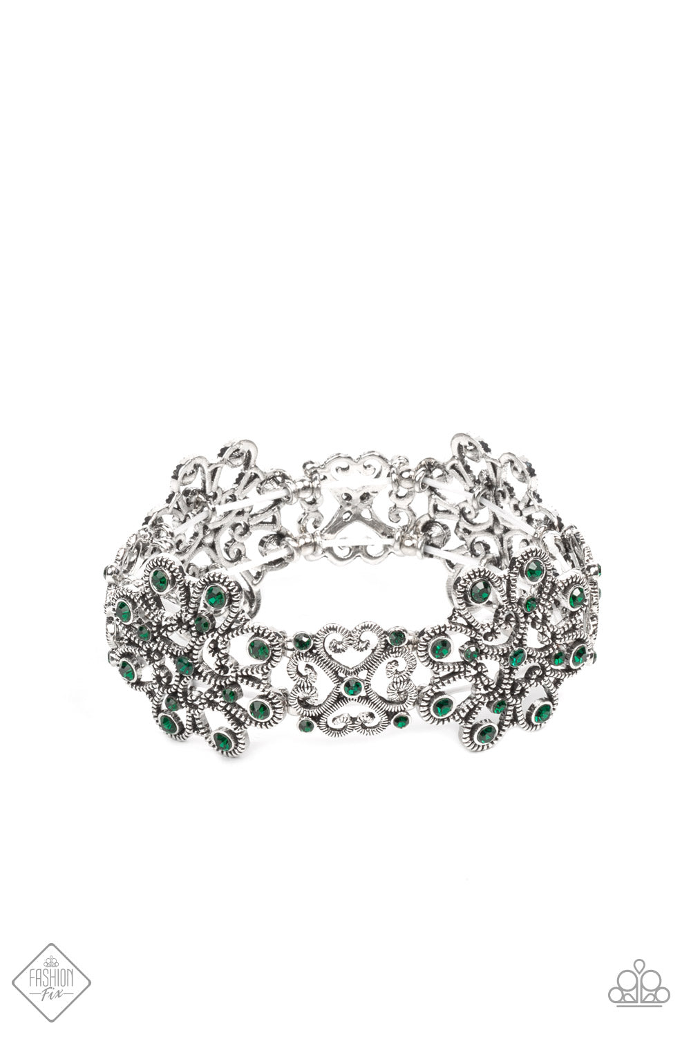 Paparazzi Regal Recognition Green Bracelet with emerald green rhinestone stretchy bracelet