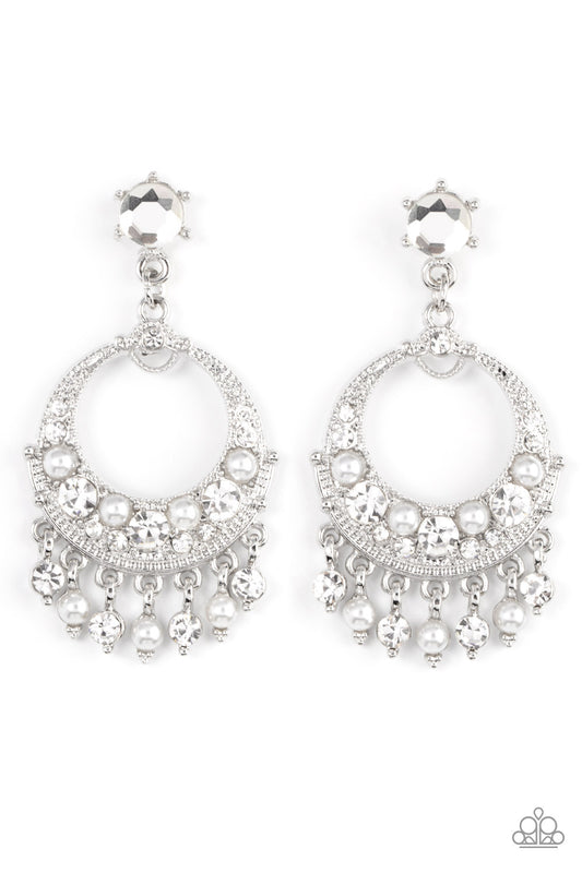 Paparazzi Marrakesh Request White Earrings. #P5PO-WTXX-325XX. White pearl and white rhinestone