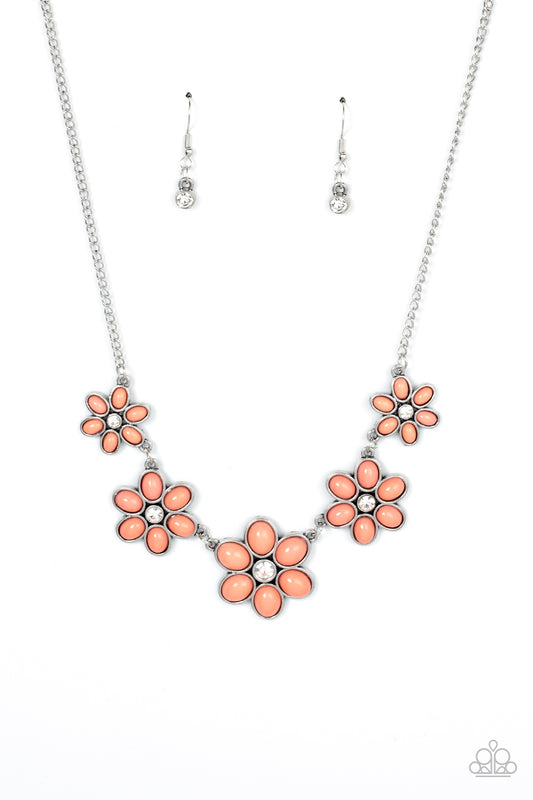 Prairie Party Orange Floral Necklace Paparazzi Accessories. #P2ST-OGXX-077XX