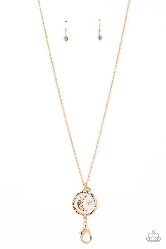 Milky Way Wanderer Gold Moon and Star Long Necklace Paparazzi Accessories. #P2LN-GDXX-038XX