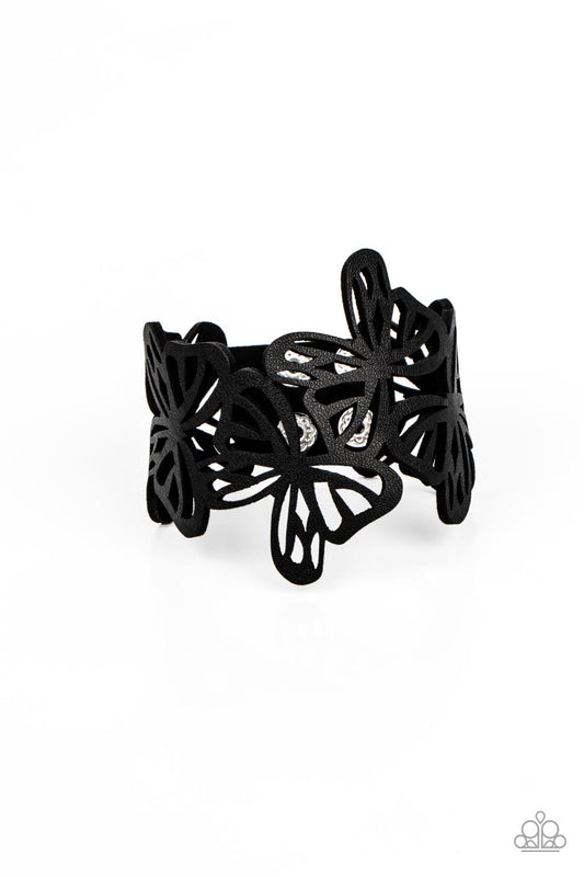 Butterfly Breeze Black Leather Snap Closure Urban Bracelet Paparazzi Accessories. #P9UR-BKXX-550XX