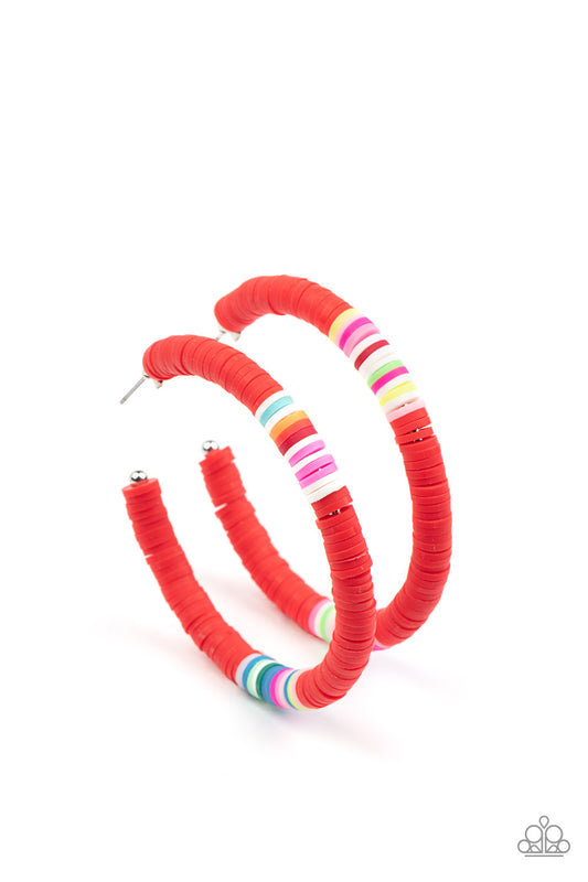 Paparazzi Earring Colorfully Contagious Red Hoop Thread Earring