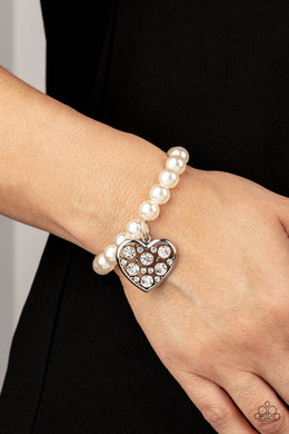 Paparazzi Bracelet ~ Cutely Crushing - White Pearl with Silver Heart Charm