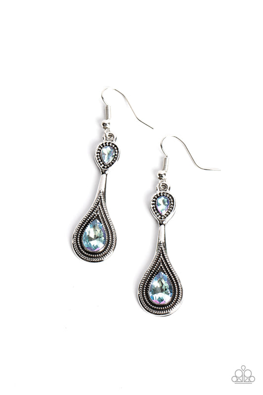 Dazzling Droplets Blue Earring Paparazzi $8 Jewelry. Iridescent earrings. Paparazzi Accessories