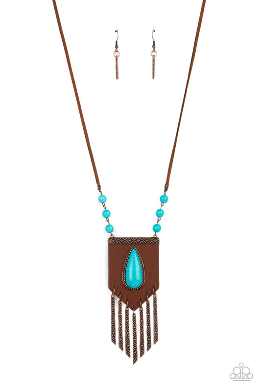 Enchantingly Tribal Copper Long Necklace with Blue Stone Pendant Paparazzi. #P2SE-CPXX-105XX