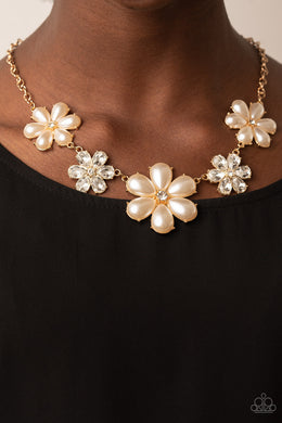 Paparazzi Fiercely Flowering Gold Necklace with white pearls. Free Shipping! #P2ST-GDXX-128XX