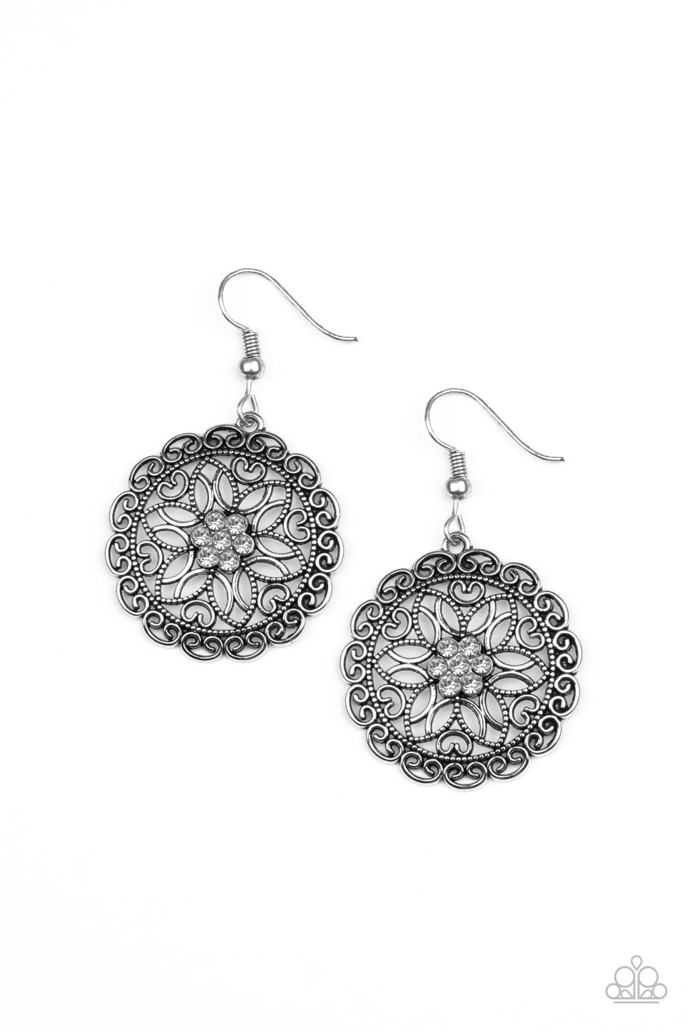 Flower Shop Sparkle - White Earring Paparazzi Accessories Floral Earring White Rhinestone
