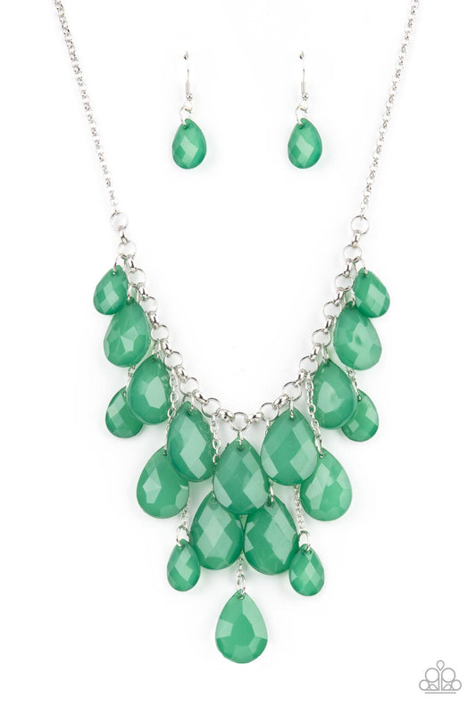 Front Row Flamboyance Green Necklace Paparazzi Accessories. Green Opaque Leprechaun teardrops