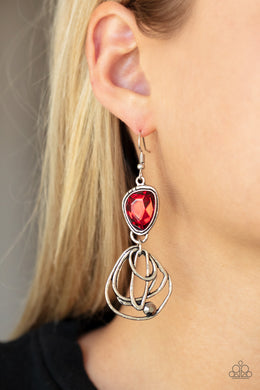 Paparazzi Galactic Drama - Red Earring with Hematite stone in silver frame