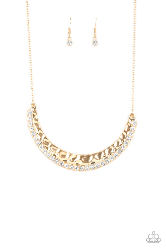 Impressive - Gold Necklace Paparazzi Accessories $5 necklace with white rhinestones