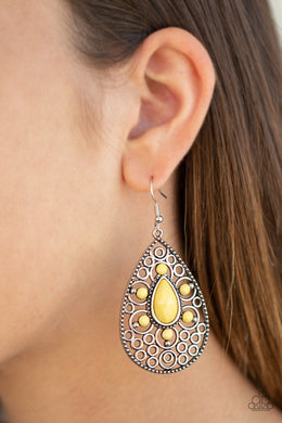 Paparazzi Earring ~ Modern Garden - Yellow Floral Silver Teardrop Earring