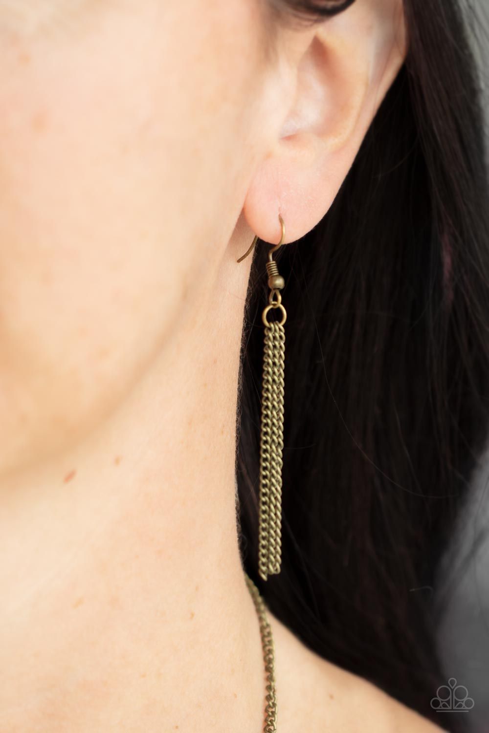 Pebble Me Pretty Brass Necklace Paparazzi Jewelry with complimentary earrings. Get Free Shipping.