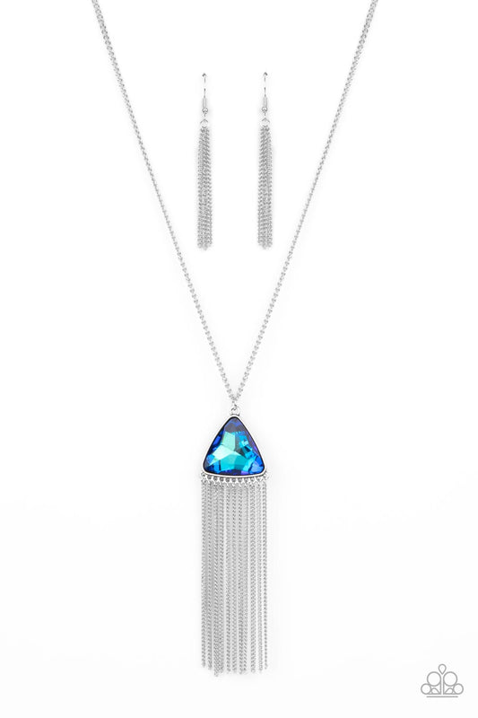 Proudly Prismatic Blue Long Necklace Iridescent UV Shimmer and matching earrings (P2RE-BLXX-334XX)