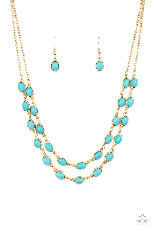 Sahara Safari - Blue Necklace Paparazzi Accessories a turquoise stone with gold frame $5 jewelry