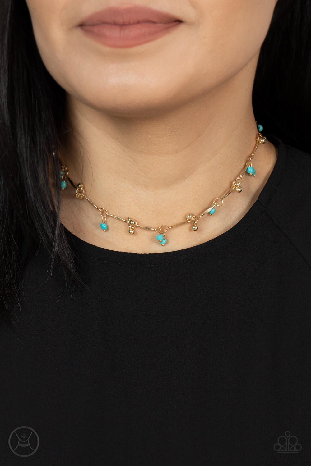 Paparazzi Sahara Social - Gold Choker Necklace with Blue beads