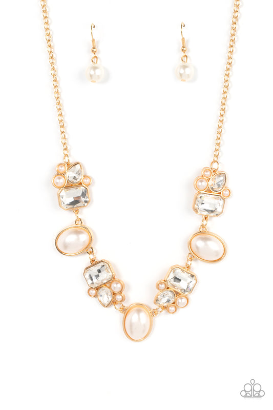 Sensational Showstopper Gold and White Pearl Necklace Paparazzi Accessories. #P2RE-GDXX-395XX