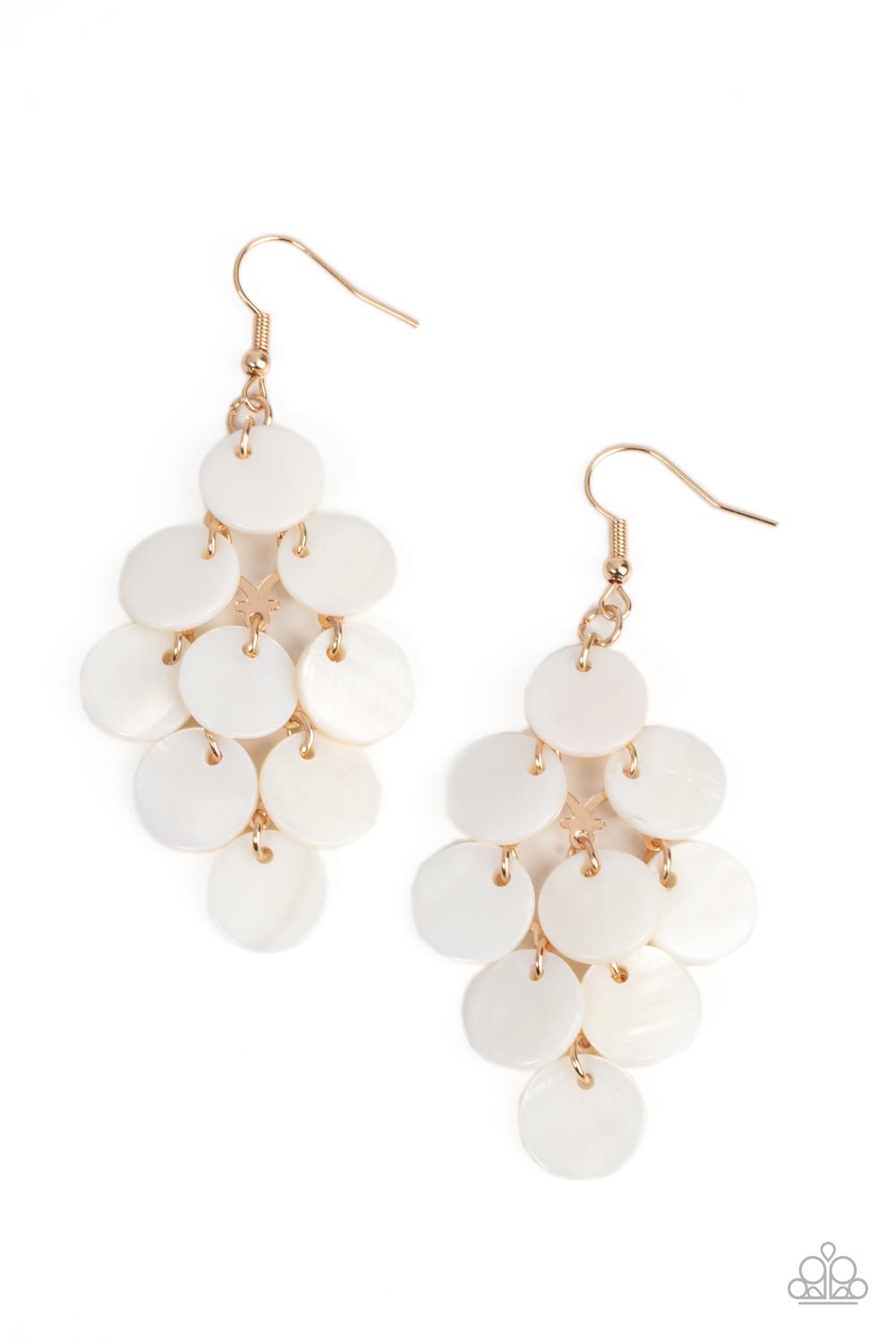 Paparazzi Tropical Tryst Gold Earring. White Shell Discs Cascade fringe $8 earring. Subscribe & Save