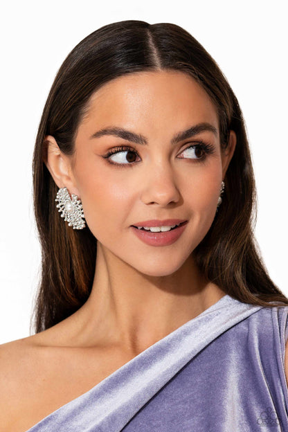 Paparazzi Fancy Fireworks White December 2023 Life of the Party Earrings. #P5PO-WTXX-388XX.