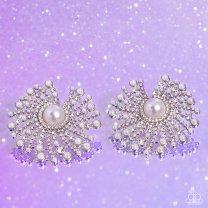 Fancy Fireworks White Earrings Paparazzi Accessories $8 Jewelry for Women. Budget friendly studs.