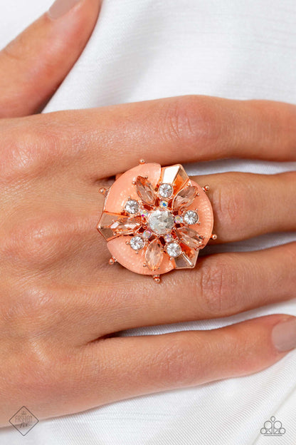 Paparazzi December 2023 Fashion Fix Ring: "Soft-Hearted Salvage - Rose Gold" ring.