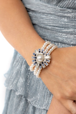 Paparazzi Gifted Gatsby Blue and White Rhinestone With Pearl Stretchy Bracelets For Women