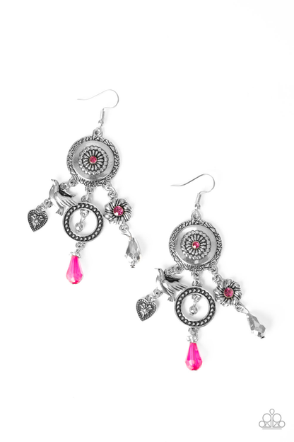 Springtime Essence Pink Earrings Paparazzi Jewelry. #P5WH-PKXX-218XX. Charm peacock earrings. 