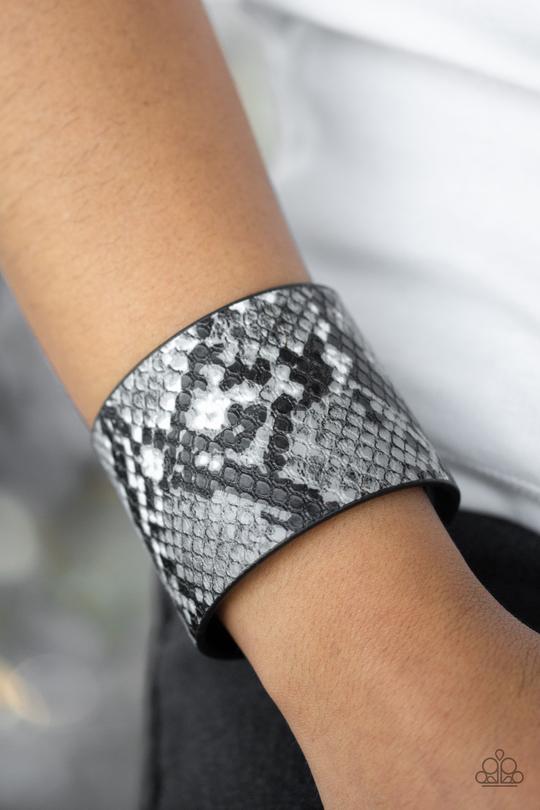 Paparazzi Whats HISS Is Mine - Silver Python Print - Thick Black Leather Band - Snap Bracelet