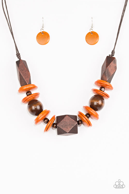 Pacific Paradise - Orange Wooden Necklace Paparazzi Accessories. #P2SE-OGXX-174XX. Get Free Shipping