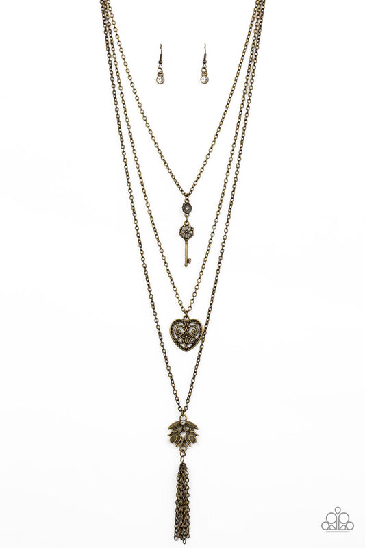 Paparazzi Necklace ~ Love Opens All Doors - Brass Heart and Leaf Necklace