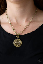 Load image into Gallery viewer, Beautifully Belle Brass Necklace Paparazzi Accessories. P2WH-BRXX-137XX. Floral Toggle $5 necklace
