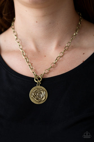 Beautifully Belle Brass Necklace Paparazzi Accessories. P2WH-BRXX-137XX. Floral Toggle $5 necklace