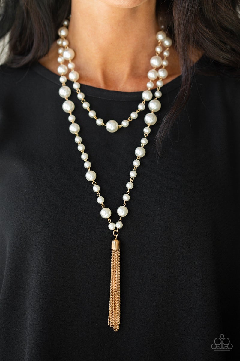 Social Hour - Gold Tassel Necklace with White Pearls and matching earrings