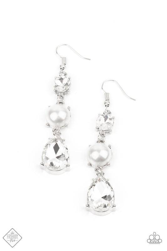 Unpredictable Shimmer White Earrings Paparazzi Accessories with Pearl and White Rhinestones 