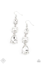 Load image into Gallery viewer, Unpredictable Shimmer White Earrings Paparazzi Accessories with Pearl and White Rhinestones 
