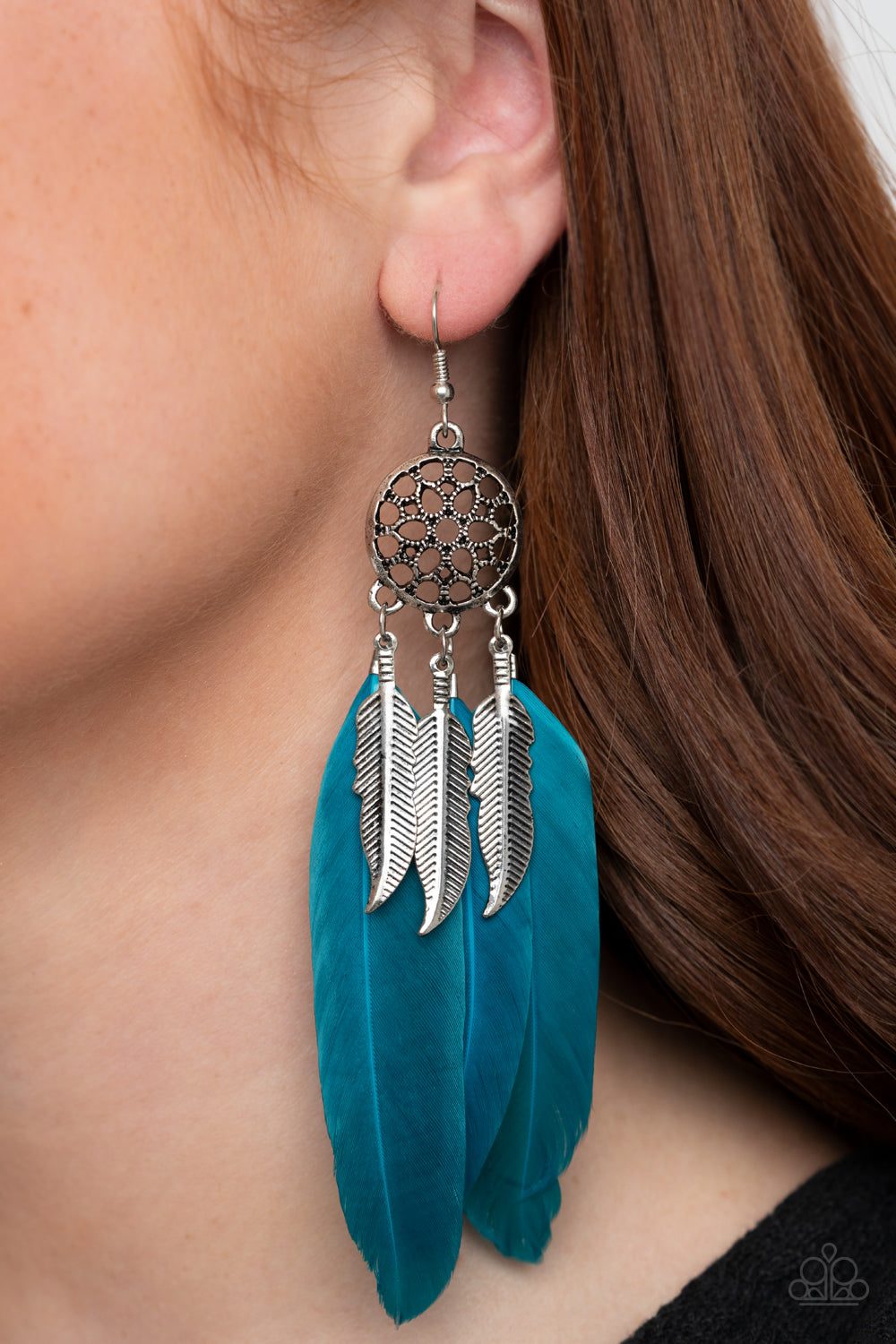 Paparazzi Earring ~ In Your Wildest DREAM-CATCHERS - Blue Feathers Earrings