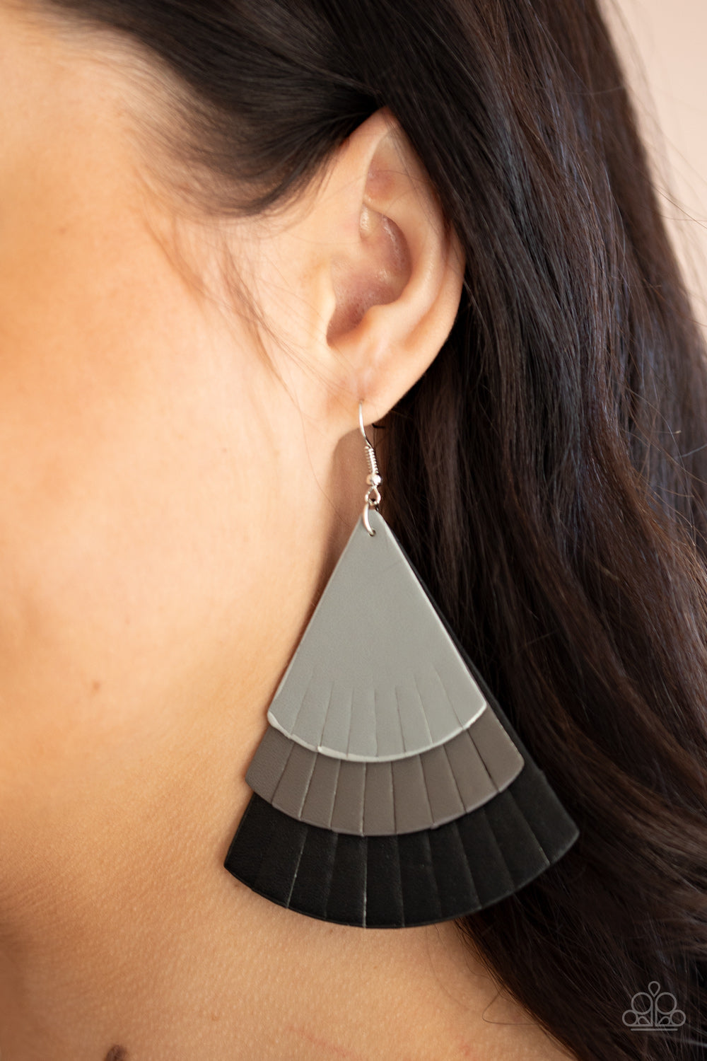 Paparazzi Earring ~ Huge Fanatic - Black and Gray Leather Earring
