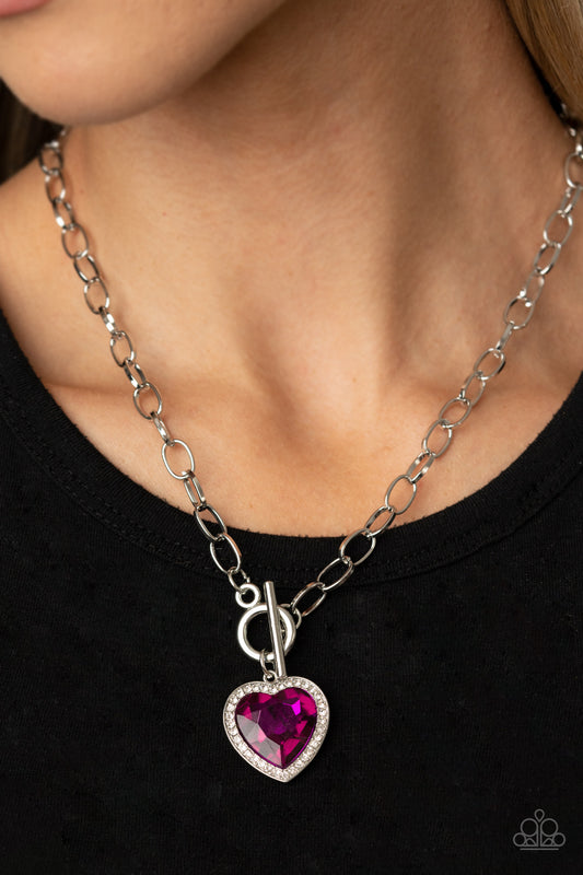 Paparazzi Necklace ~ Check Your Heart Rate - Pink Peacock Gem Heart Necklace